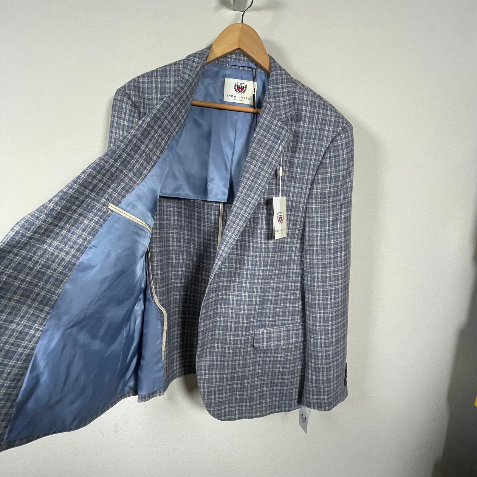 Nwt Thom Hudson Silk Wool Blend Sport Coat Mens 46r Blue Tan Plaid Blazer Preppy — image 3 of 8
